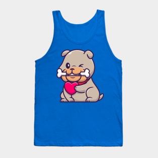 Cute Bulldog Bite Bone And Holding Heart Cartoon Tank Top